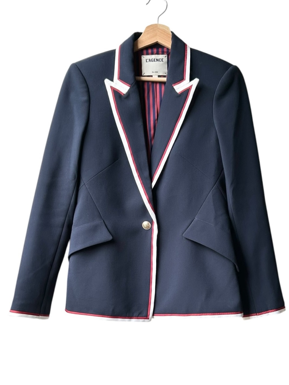 L’AGENCE Chamberlain Blazer Navy Blue Red White Trim Gold Buttons Sz 4 - Picture 6 of 16